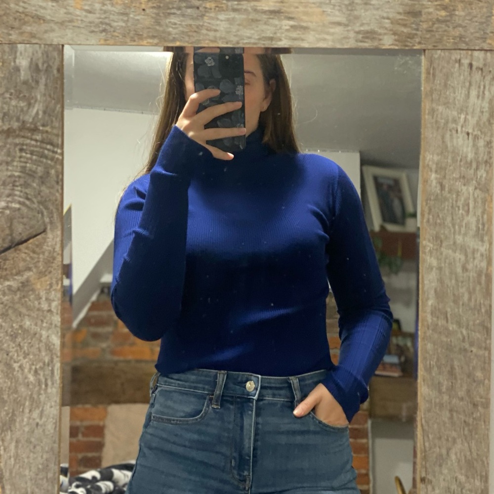 Escada Sport Blue Ribbed Turtleneck quiet luxury minimalist Sweater